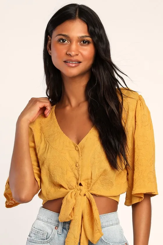Delightful Darling Yellow Floral Embroidered Tie-Front Crop Top sold by Lulus