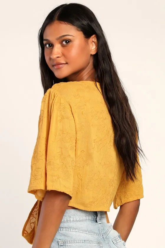 Delightful Darling Yellow Floral Embroidered Tie-Front Crop Top sold by Lulus product image thumbnail 2