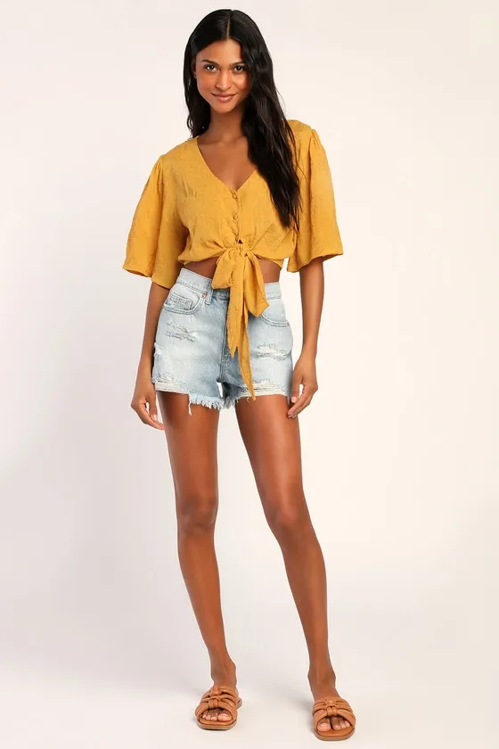 Delightful Darling Yellow Floral Embroidered Tie-Front Crop Top sold by Lulus product image thumbnail 3