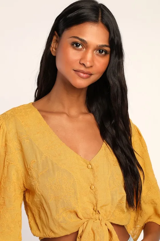 Delightful Darling Yellow Floral Embroidered Tie-Front Crop Top sold by Lulus product image thumbnail 4