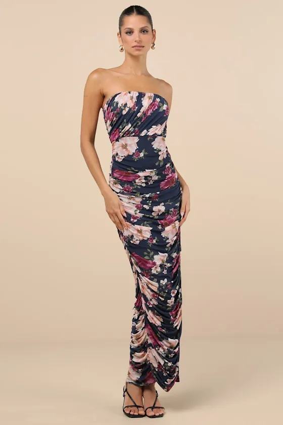 Averie Navy Floral Mesh Strapless Maxi Dress sold by Lulus