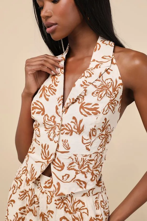 Railee Ivory and Brown Floral Halter Vest Top sold by Lulus product image thumbnail 4