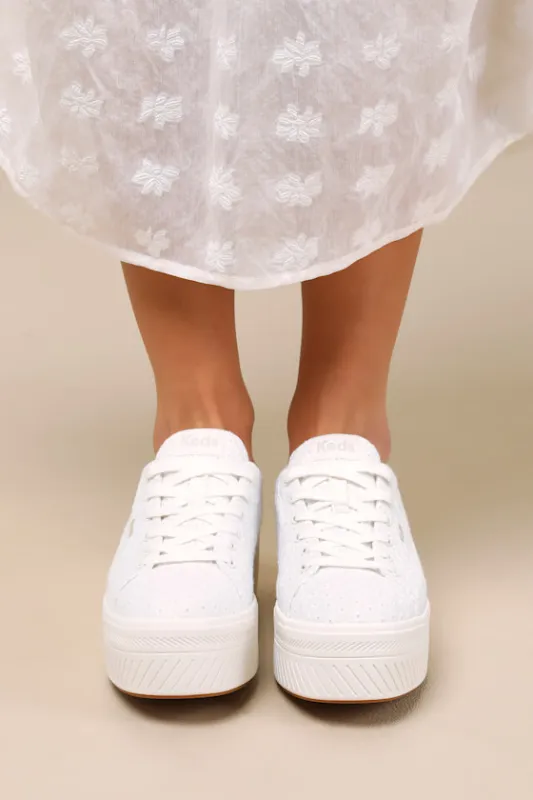 Skyler Daisy Snow White Eyelet Embroidered Platform Sneakers sold by Lulus