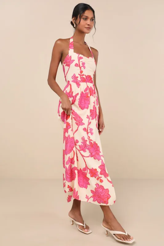 Layton Pink and Cream Floral Halter Maxi Dress sold by Lulus