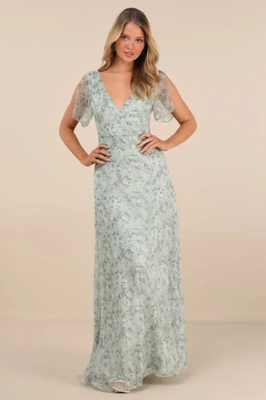 Dreamiest Desires Sage Green Floral Flutter Sleeve Maxi Dress sold by Lulus
