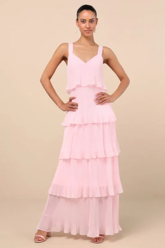 Elegant Nature Blush Pink Pleated Sleeveless Tiered Maxi Dress sold by Lulus