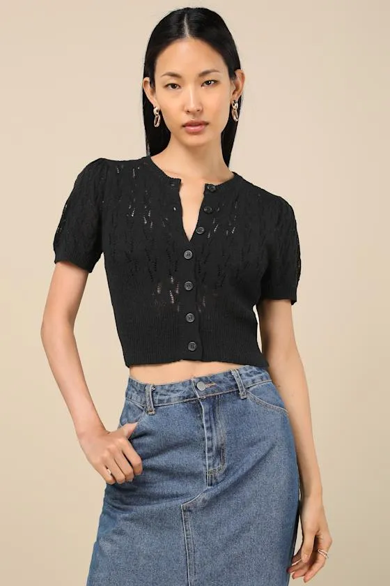 Annetta Black Pointelle Knit Button-Front Crop Top sold by Lulus