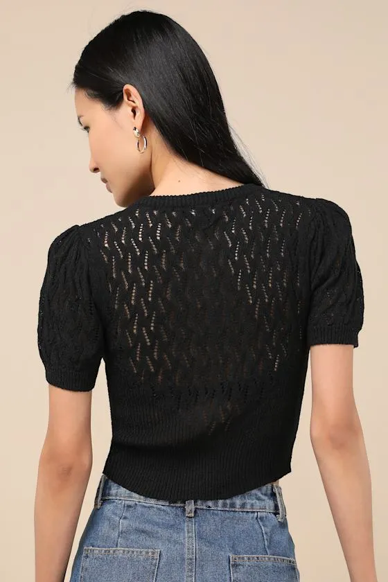 Annetta Black Pointelle Knit Button-Front Crop Top sold by Lulus product image thumbnail 2