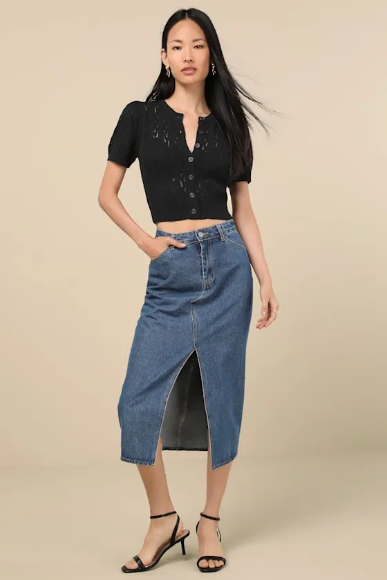 Annetta Black Pointelle Knit Button-Front Crop Top sold by Lulus product image thumbnail 3