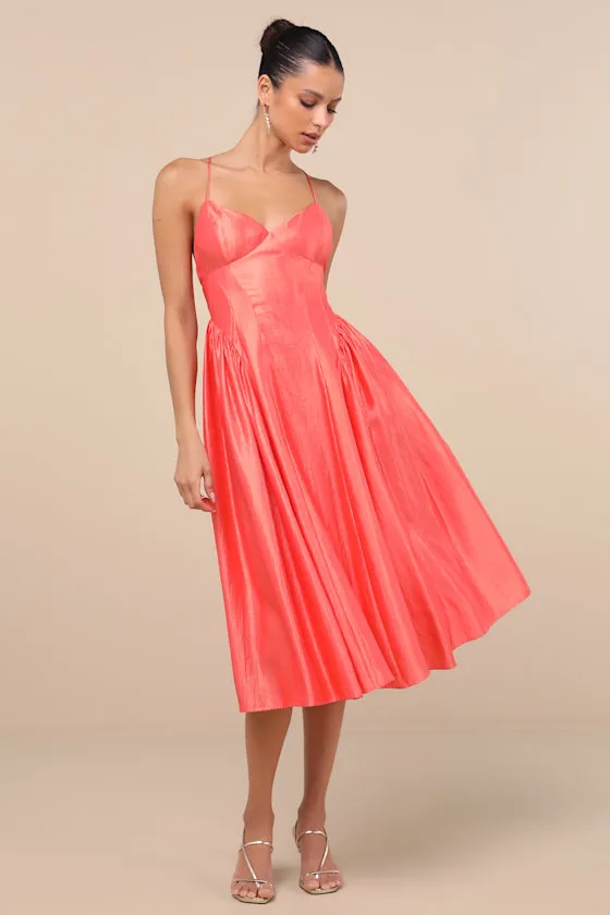 Paride Shiny Coral Gathered Lace-Up Midi Dress sold by Lulus