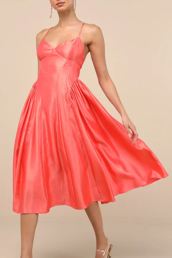 Paride Shiny Coral Gathered Lace-Up Midi Dress sold by Lulus product image thumbnail 2