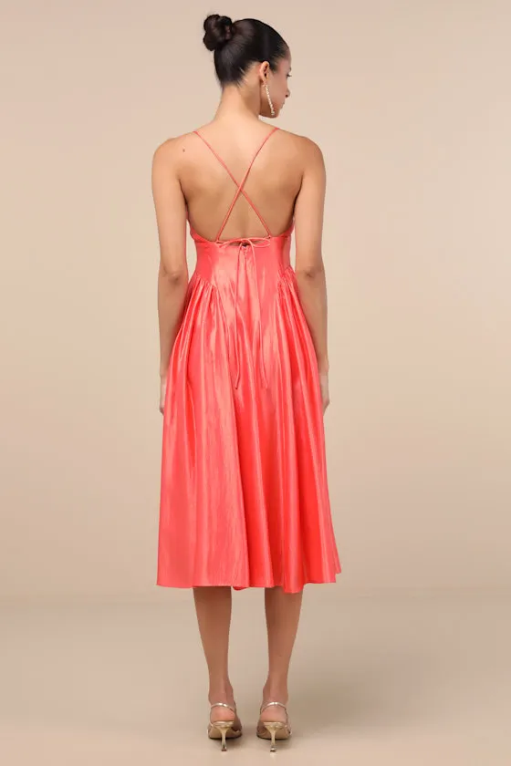 Paride Shiny Coral Gathered Lace-Up Midi Dress sold by Lulus product image thumbnail 3