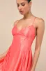 Paride Shiny Coral Gathered Lace-Up Midi Dress sold by Lulus