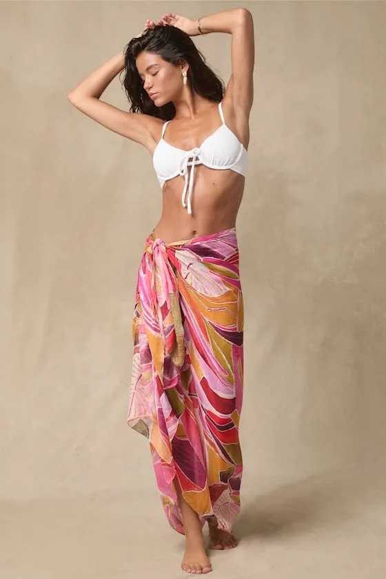 Samana Pink Multi Leaf Print Sarong Swim Cover-Up sold by Lulus