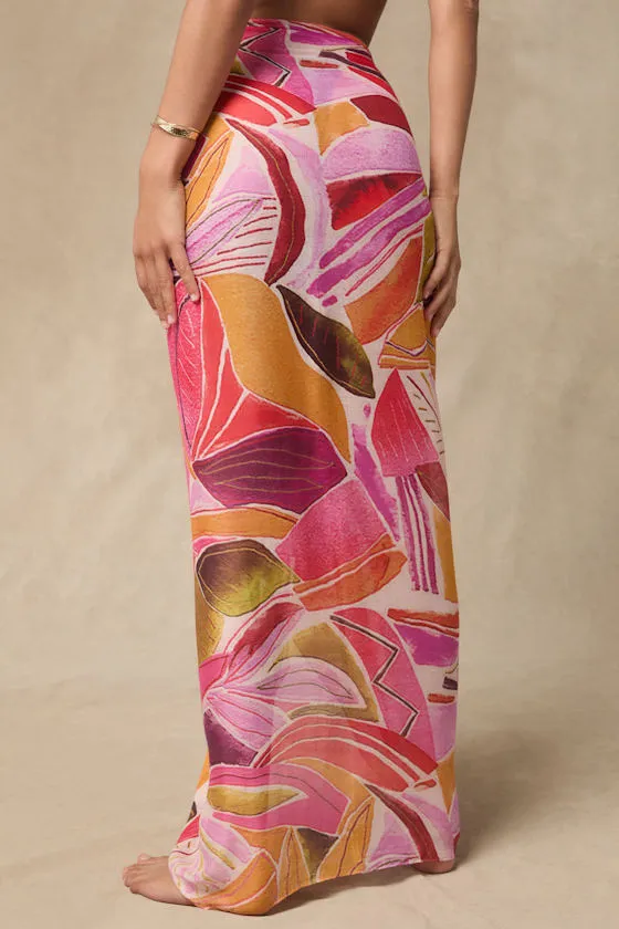 Samana Pink Multi Leaf Print Sarong Swim Cover-Up sold by Lulus product image thumbnail 2