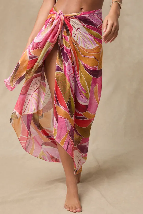 Samana Pink Multi Leaf Print Sarong Swim Cover-Up sold by Lulus product image thumbnail 4