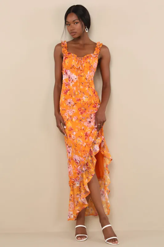 Lovable Spirit Orange Floral Burnout Ruffled High-Low Maxi Dress sold by Lulus