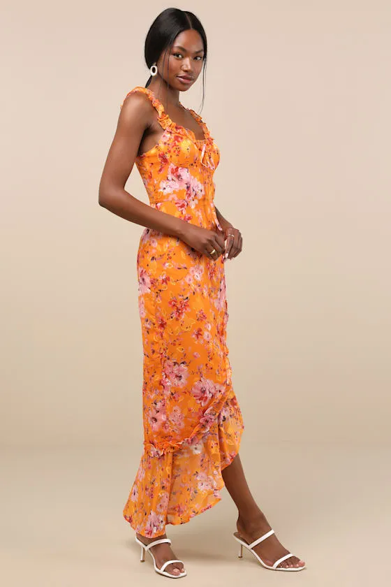 Lovable Spirit Orange Floral Burnout Ruffled High-Low Maxi Dress sold by Lulus product image thumbnail 3