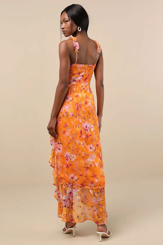 Lovable Spirit Orange Floral Burnout Ruffled High-Low Maxi Dress sold by Lulus product image thumbnail 4