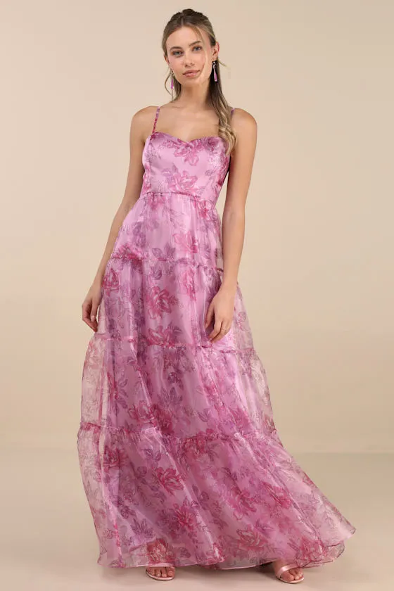 Exclusive Glamour Pink Floral Organza Tiered Maxi Dress sold by Lulus