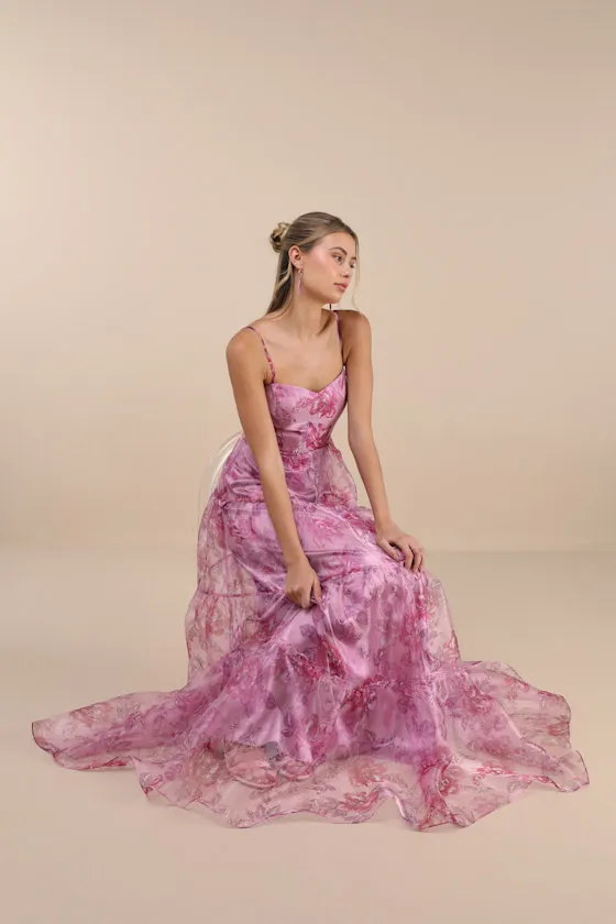 Exclusive Glamour Pink Floral Organza Tiered Maxi Dress sold by Lulus product image thumbnail 2