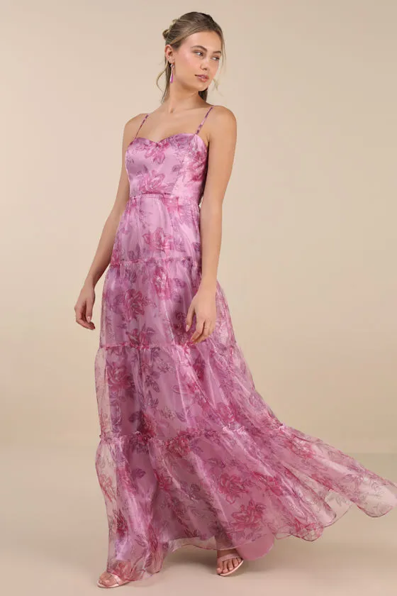 Exclusive Glamour Pink Floral Organza Tiered Maxi Dress sold by Lulus product image thumbnail 4