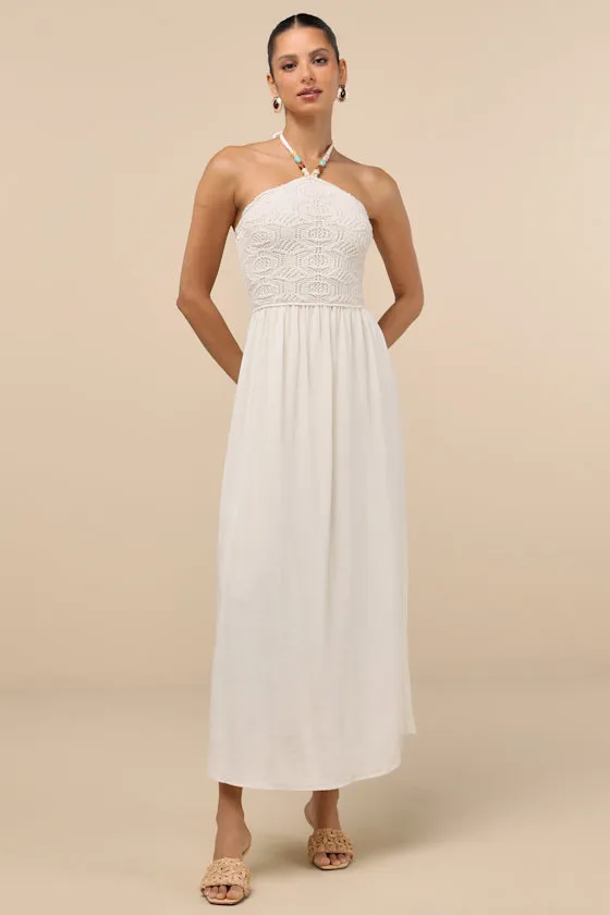 Cosma Ivory Beaded Crochet Knit Halter Midi Dress sold by Lulus product image thumbnail 2
