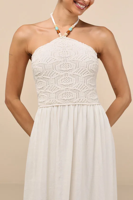 Cosma Ivory Beaded Crochet Knit Halter Midi Dress sold by Lulus product image thumbnail 4