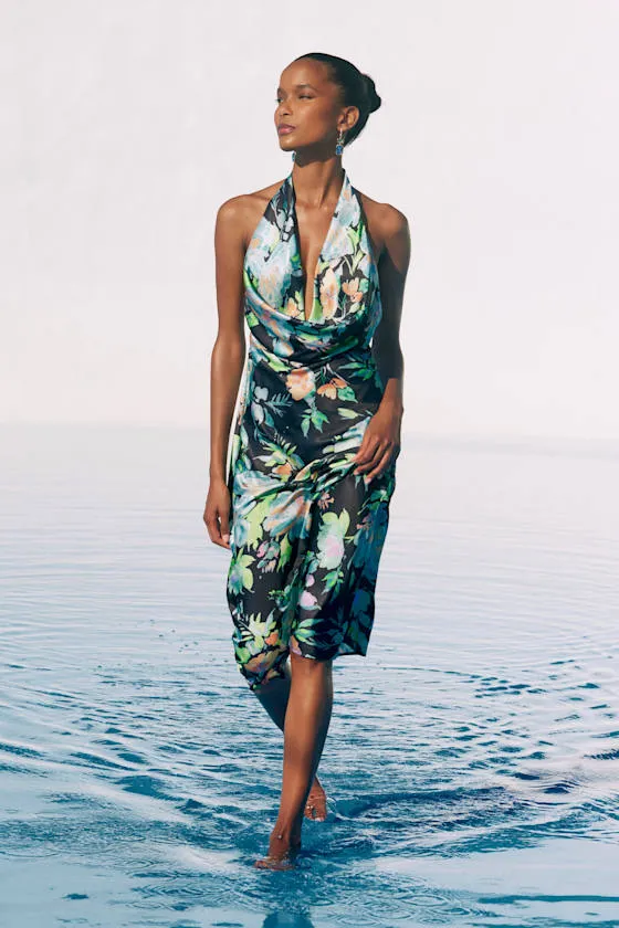 Nuliana Black Multi Floral Satin Backless Midi Dress sold by Lulus