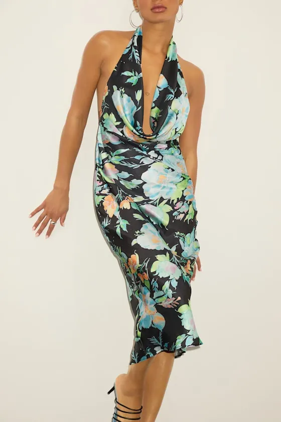 Nuliana Black Multi Floral Satin Backless Midi Dress sold by Lulus product image thumbnail 2