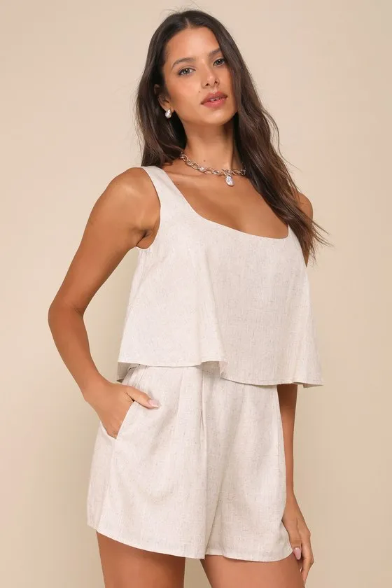 Effortless Escape Beige Linen Sleeveless Flounce Romper sold by Lulus