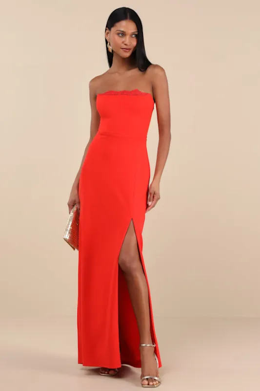 Memorably Iconic Red Strapless Lace Bustier Maxi Dress sold by Lulus