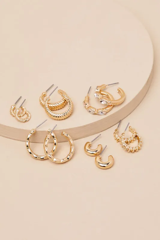 Makana Gold Textured Rhinestone Six-Piece Hoop Earring Set sold by Lulus