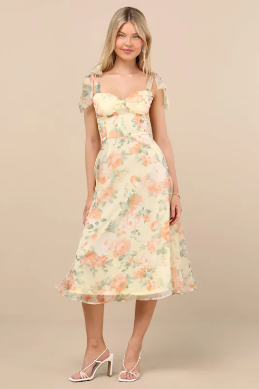 Olesya Light Yellow Floral Tie-Strap Midi Dress sold by Lulus