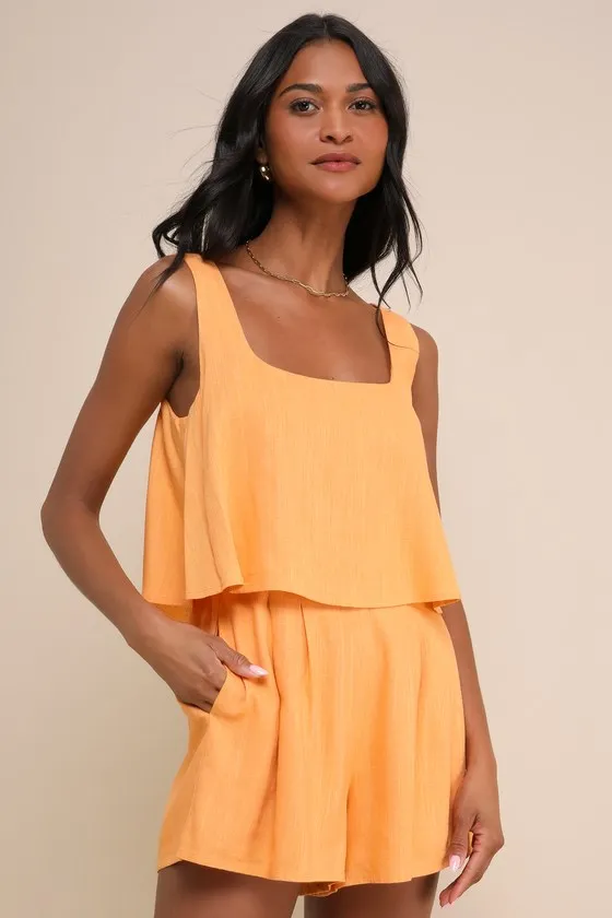 Effortless Escape Light Orange Linen Sleeveless Flounce Romper sold by Lulus