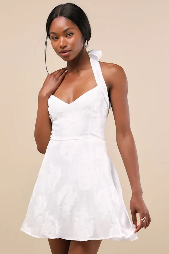 Bonni White Floral Jacquard Halter Mini Dress sold by Lulus