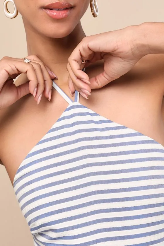 Corilie Blue and White Striped Halter Mini Dress sold by Lulus product image thumbnail 4