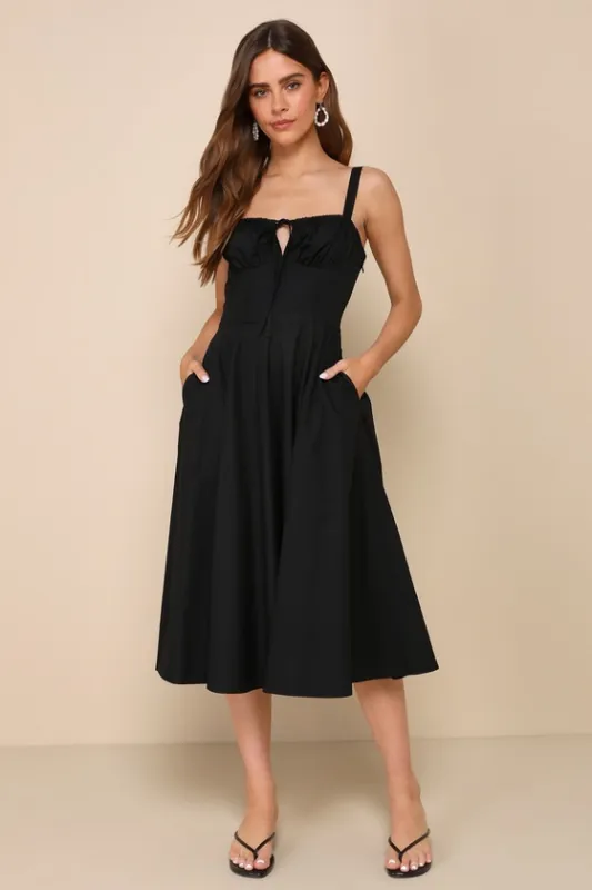 Compelling Charisma Black Bustier Midi Dress With Pockets sold by Lulus