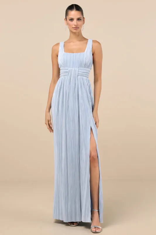 Ameena Light Blue Plisse Square Neck Sash Maxi Dress sold by Lulus