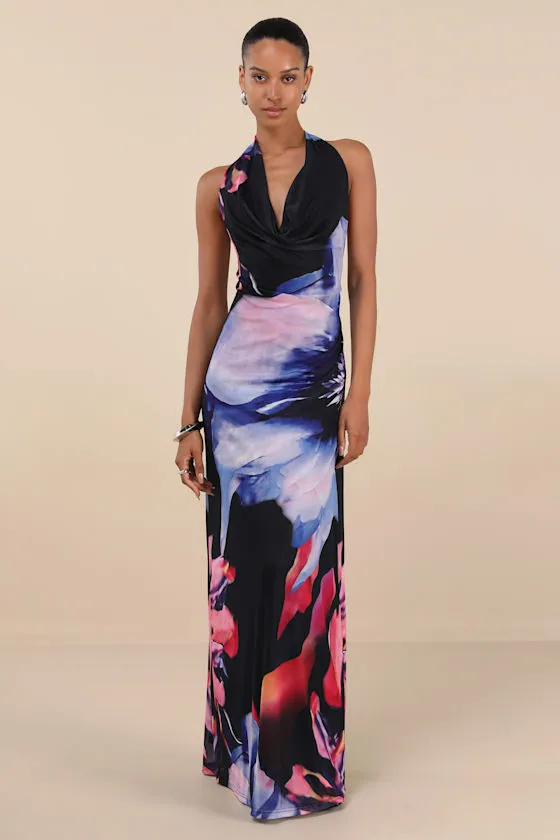 Rania Black Multi Floral Mesh Backless Maxi Dress sold by Lulus product image thumbnail 3
