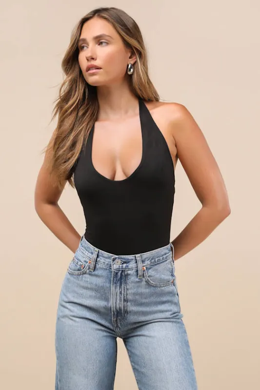 Boldly Blooming Black Halter Bodysuit sold by Lulus