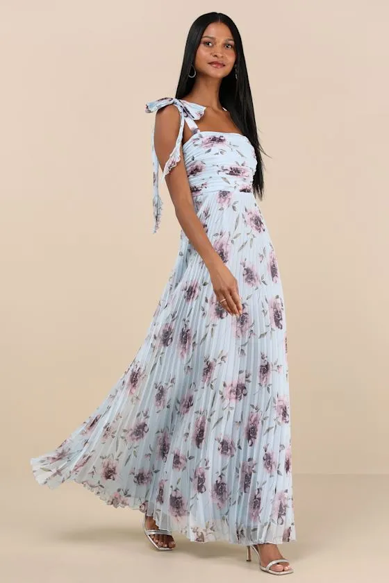 Gorgeous Purpose Blue Floral Pleated Sleeveless Bow Maxi Dress sold by Lulus
