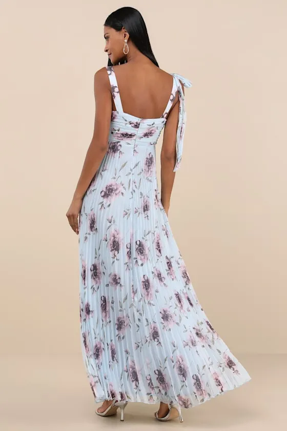Gorgeous Purpose Blue Floral Pleated Sleeveless Bow Maxi Dress sold by Lulus product image thumbnail 3