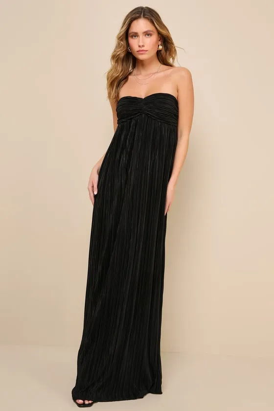 Endlessly Complimented Black Plisse Strapless Maxi Dress sold by Lulus