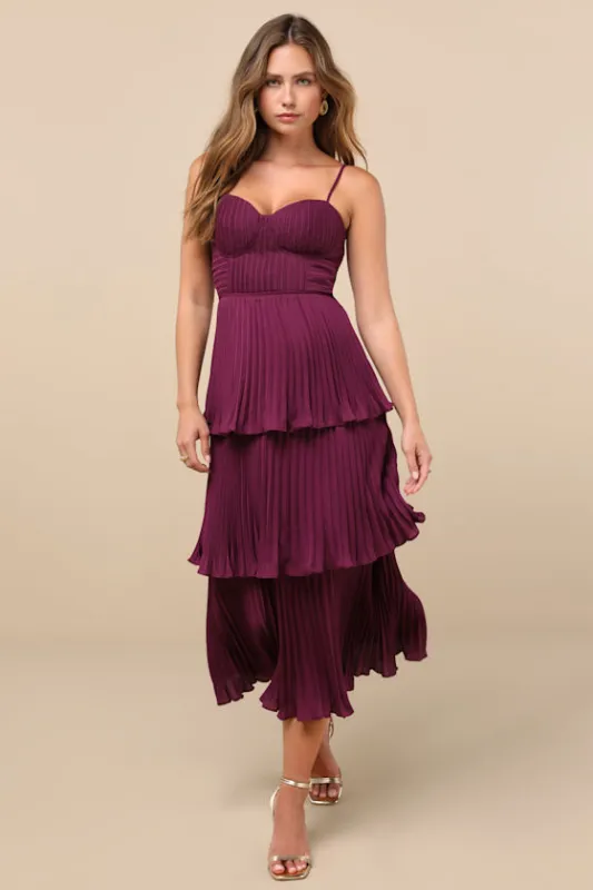 Cascading Crush Plum Purple Tiered Bustier Midi Dress sold by Lulus