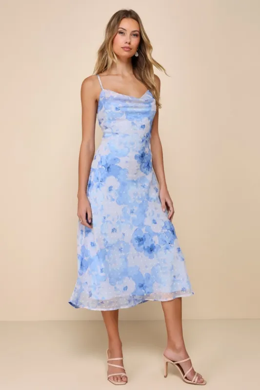 Fabulous Destiny Blue Floral Swiss Dot Cowl Neck Midi Dress sold by Lulus