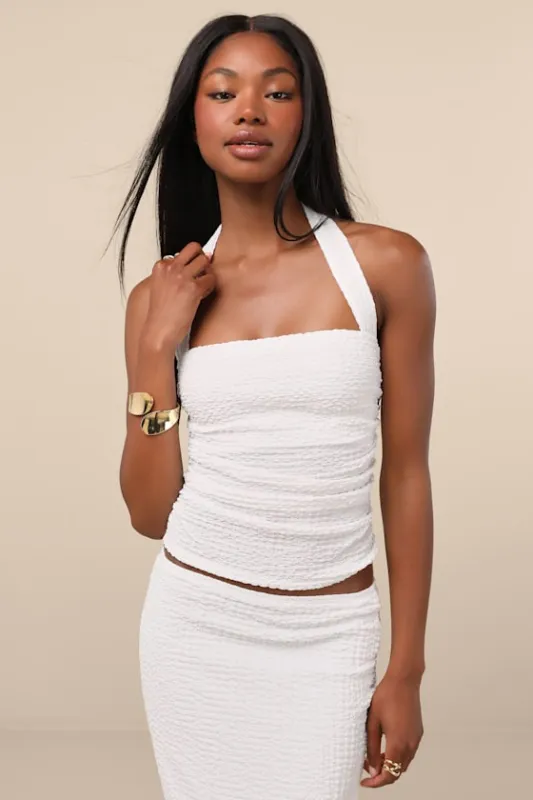 Andressa White Textured Knit Ruched Halter Top made by Lulus