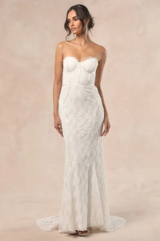 Imani White Lace Bustier Mermaid Maxi Dress sold by Lulus