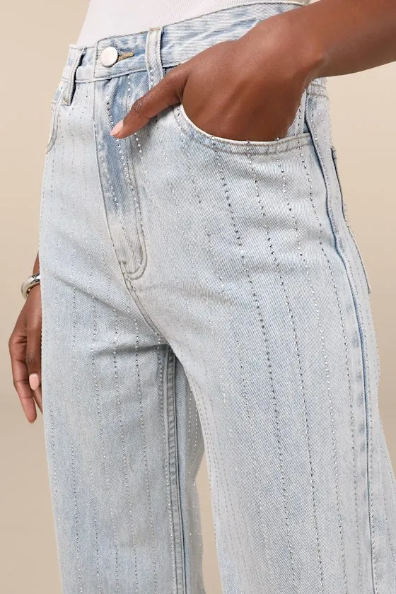 Danice Light Wash Denim Rhinestone Straight Leg Jeans sold by Lulus product image thumbnail 4