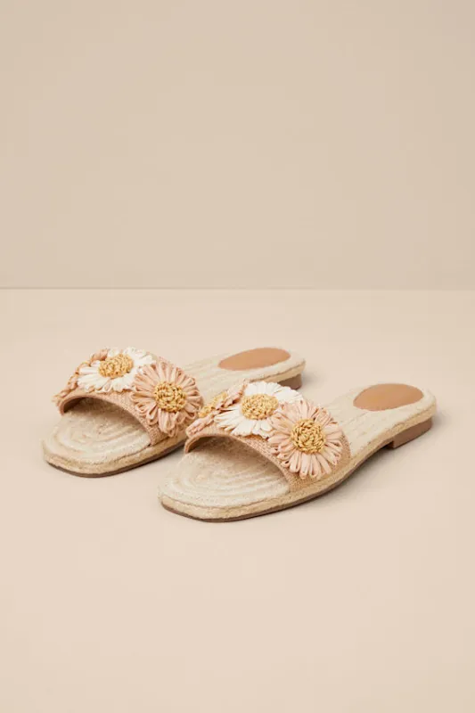 Botanical Gardens Vanilla Floral Raffia Slide Sandals sold by Lulus